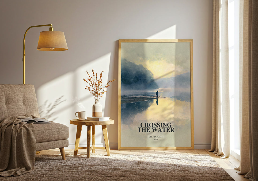 Crossing The Water watercolour print in frame leaning in hallway – poetry wall art (mockup)