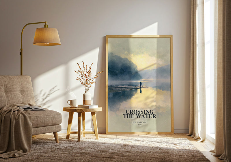 Crossing The Water watercolour print in frame leaning in hallway – poetry wall art