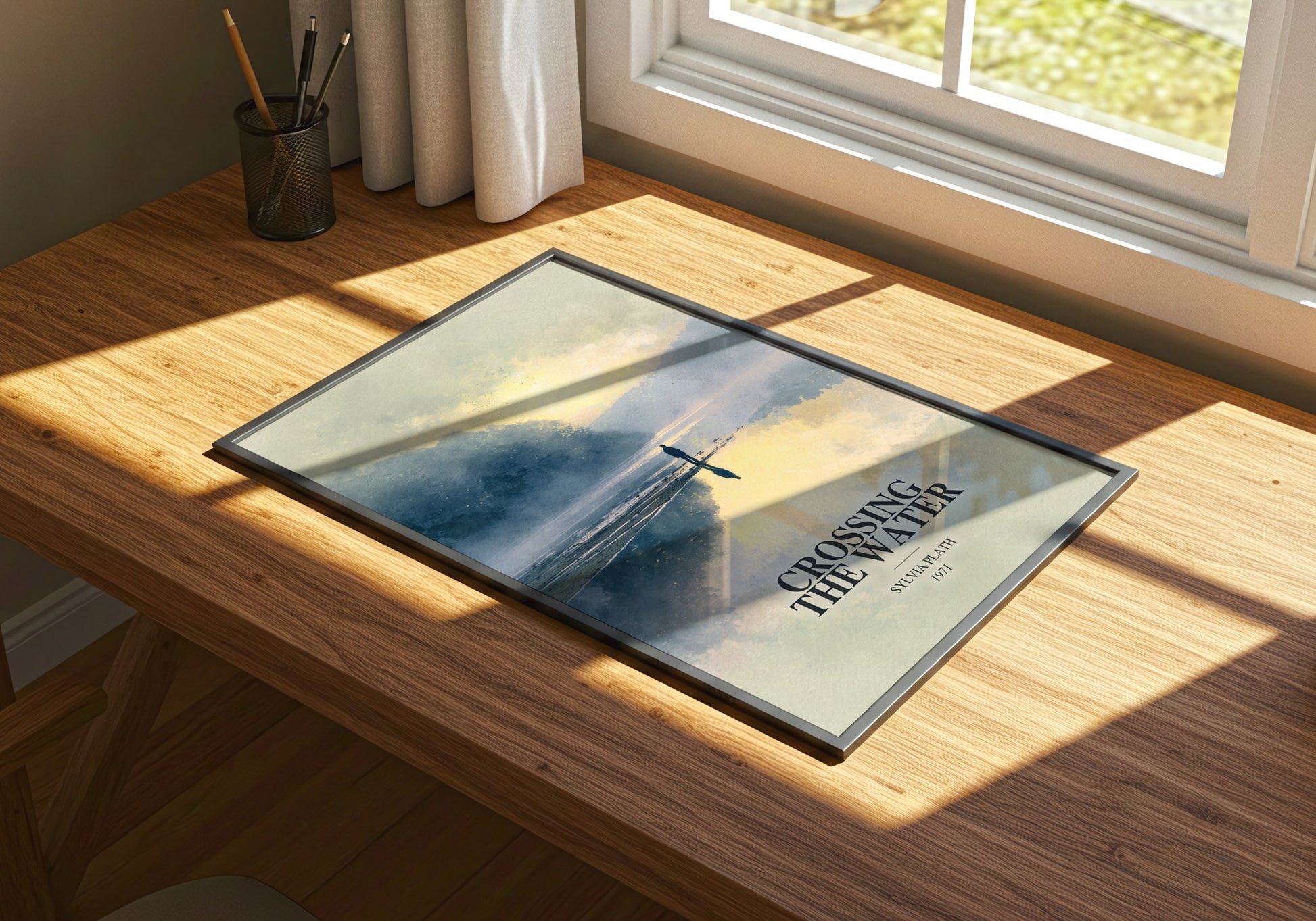 Crossing The Water watercolour book poster framed on wall – poetry wall art