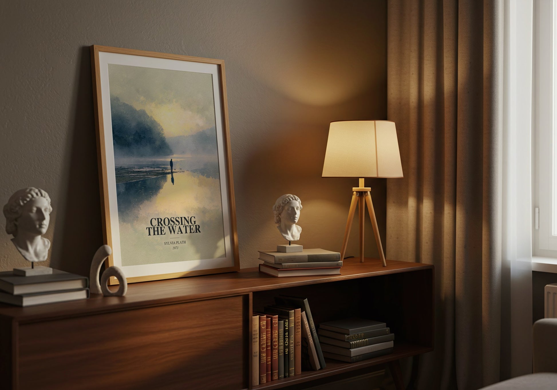 Crossing The Water watercolour print on bookshelf – Sylvia Plath fan gift