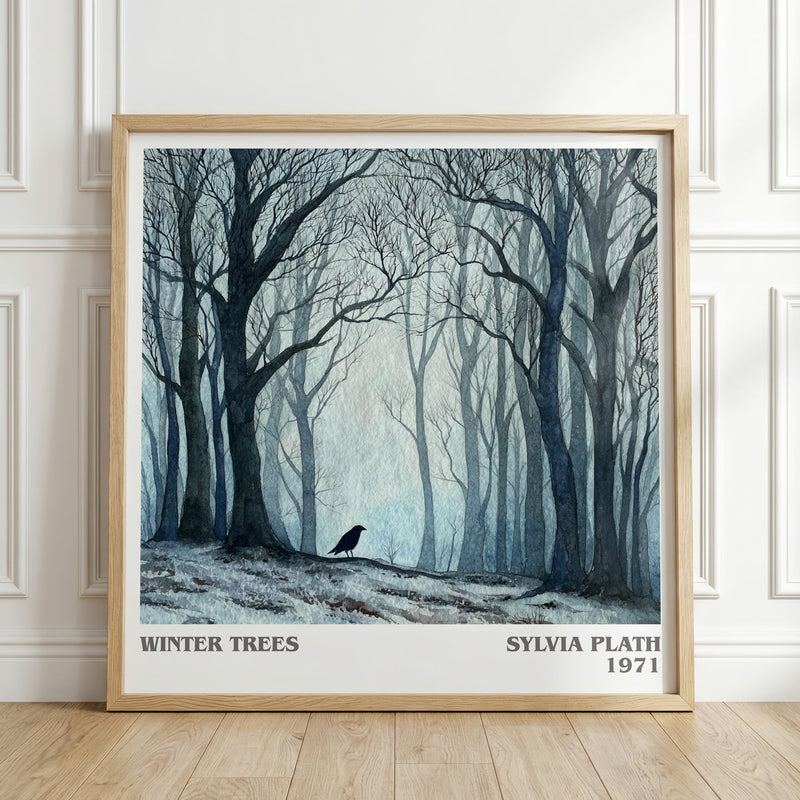 Winter Trees literary print in frame leaning in hallway – poetry wall art