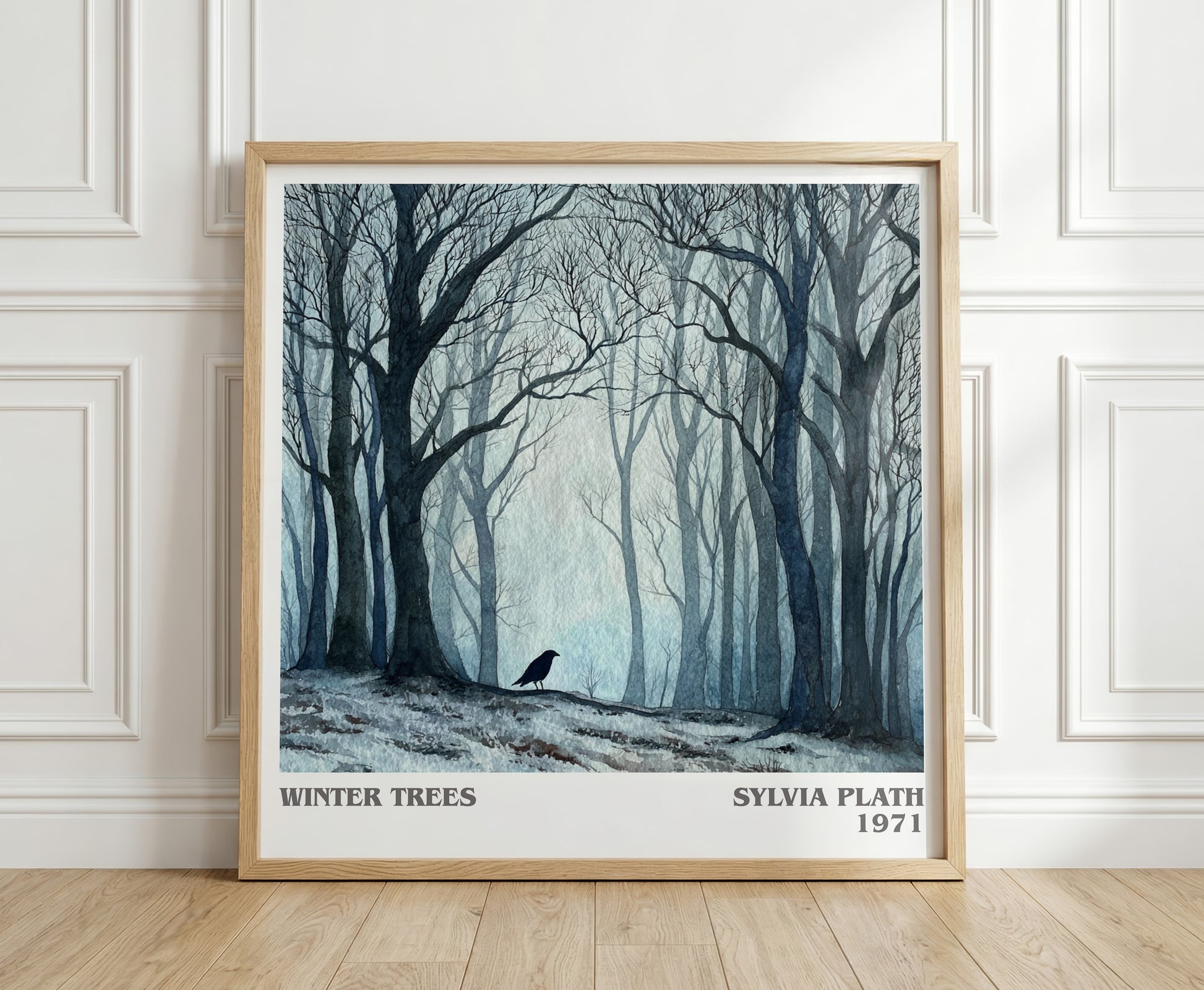 Winter Trees literary print in frame leaning in hallway – poetry wall art