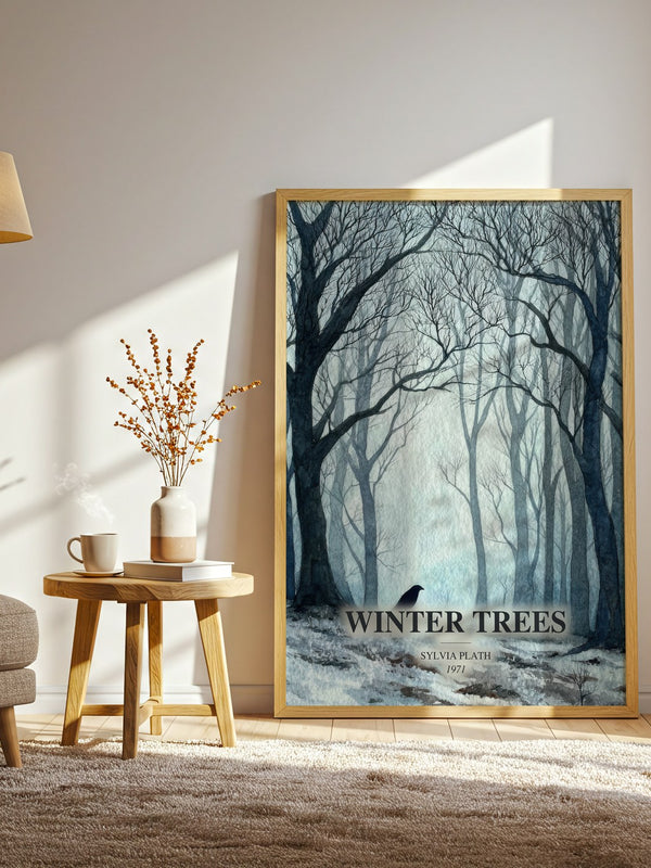 Winter Trees watercolour print in frame leaning in hallway – poetry wall art