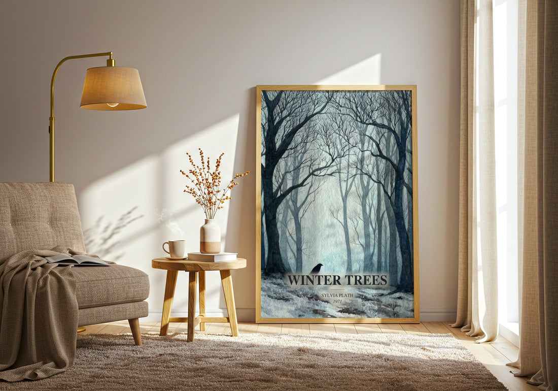 Winter Trees watercolour print in frame leaning in hallway – poetry wall art (mockup)