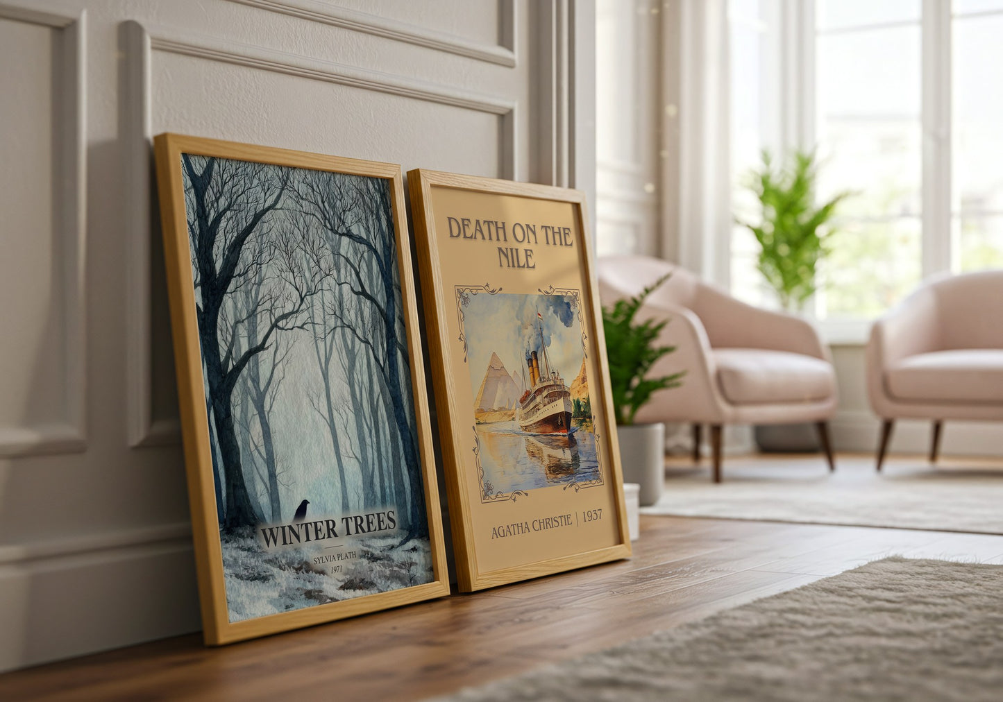 Winter Trees watercolour print framed by window – literary home decor