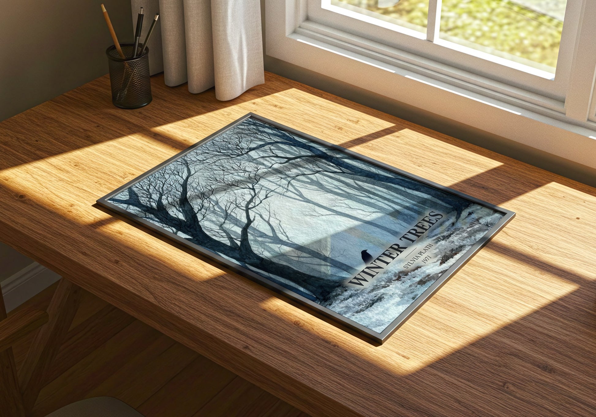 Winter Trees watercolour book poster framed on wall – poetry wall art