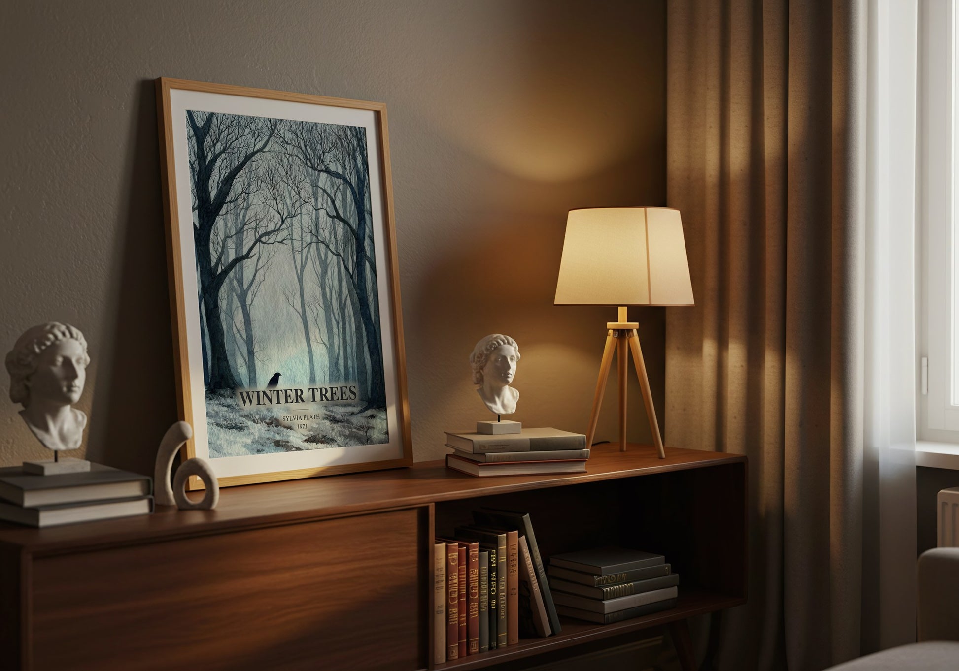 Winter Trees watercolour print on bookshelf – Sylvia Plath fan gift