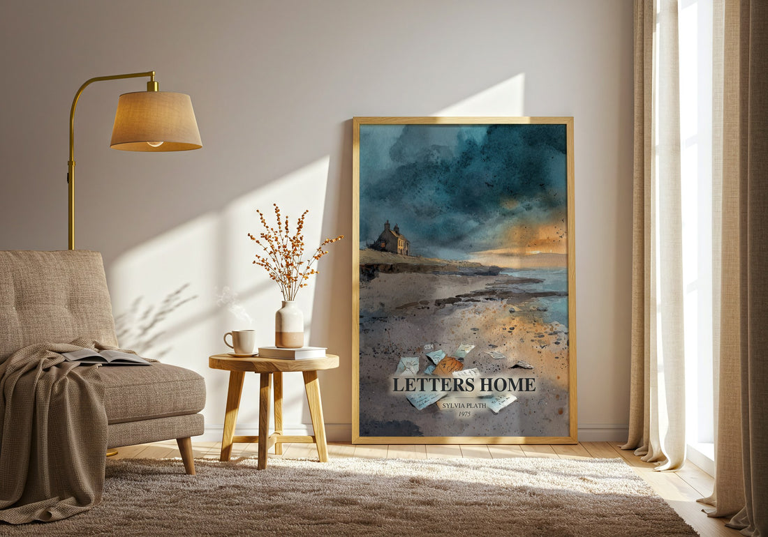 Letters Home watercolour print in frame leaning in hallway – memoir wall art (mockup)