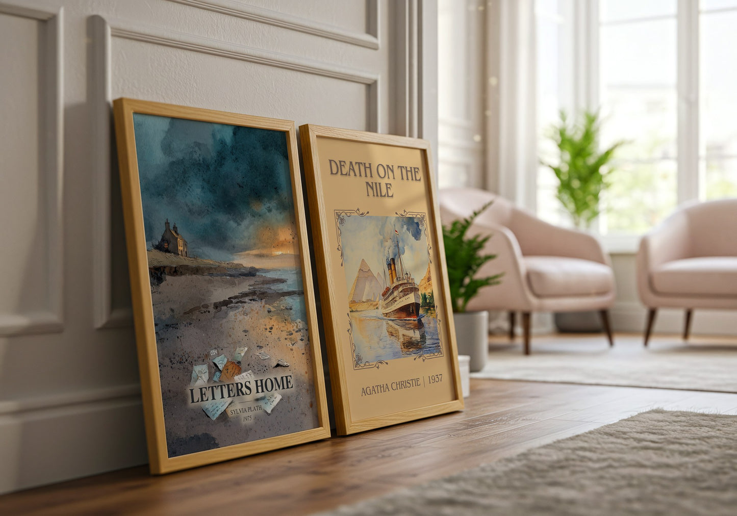 Letters Home watercolour print framed by window – literary home decor