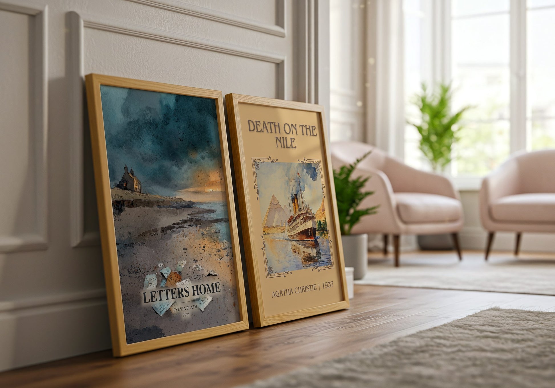 Letters Home watercolour print framed by window – literary home decor