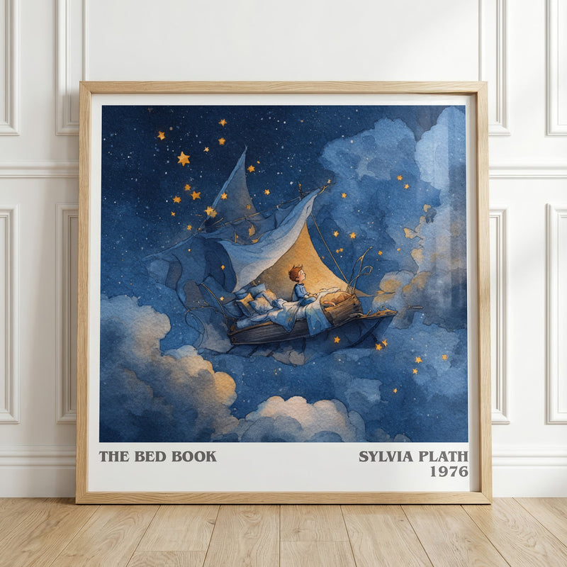 The Bed Book literary print in frame leaning in hallway – memoir wall art