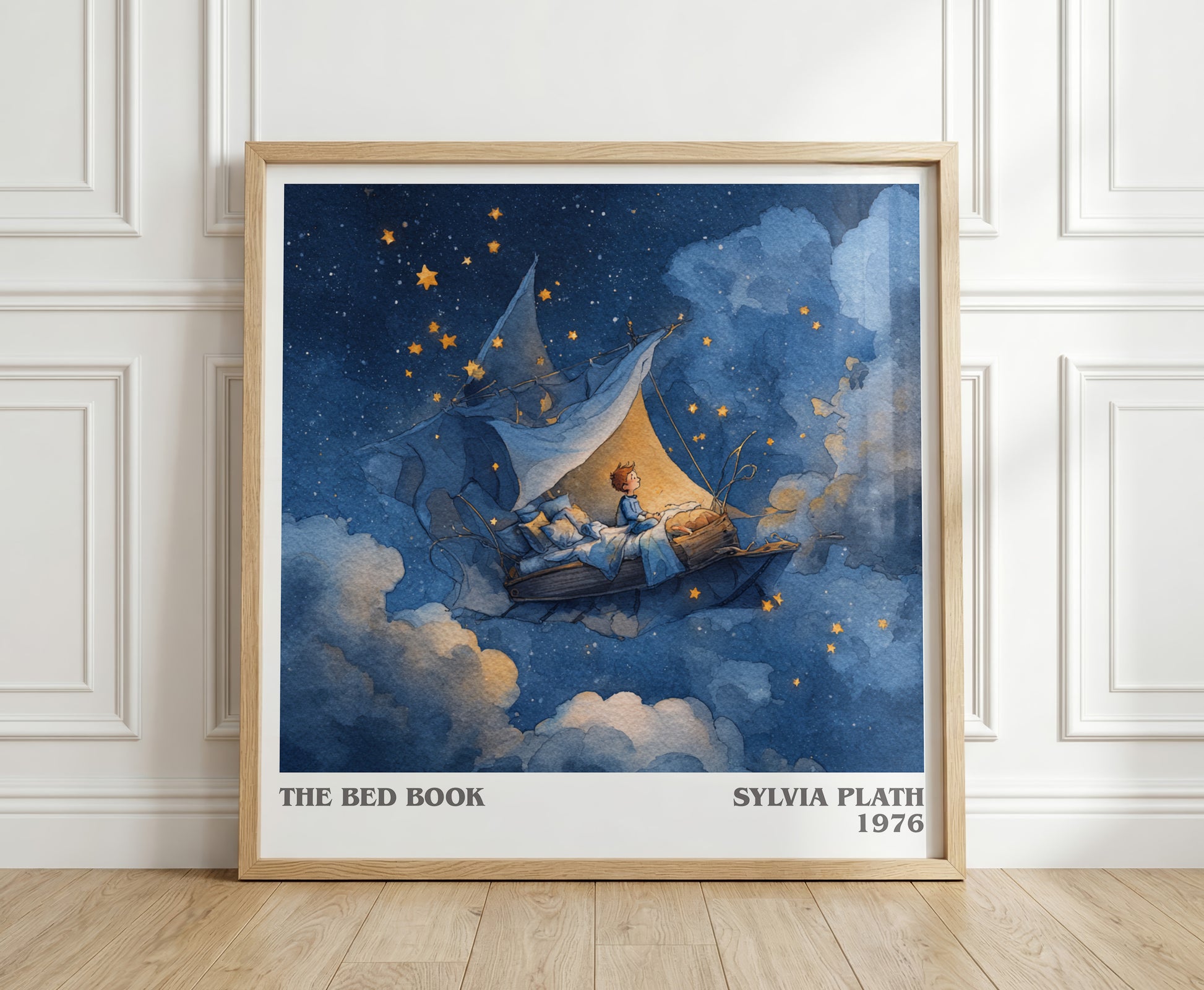 The Bed Book literary print in frame leaning in hallway – memoir wall art