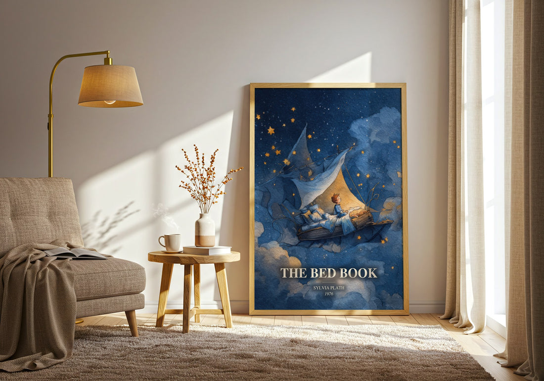 The Bed Book watercolour print in frame leaning in hallway – poetry wall art (mockup)