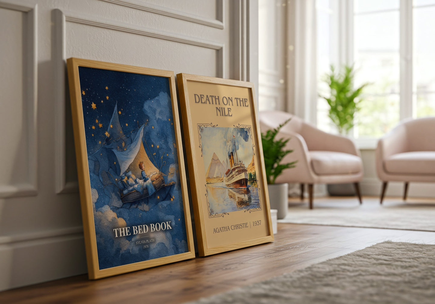 The Bed Book watercolour print framed by window – literary home decor