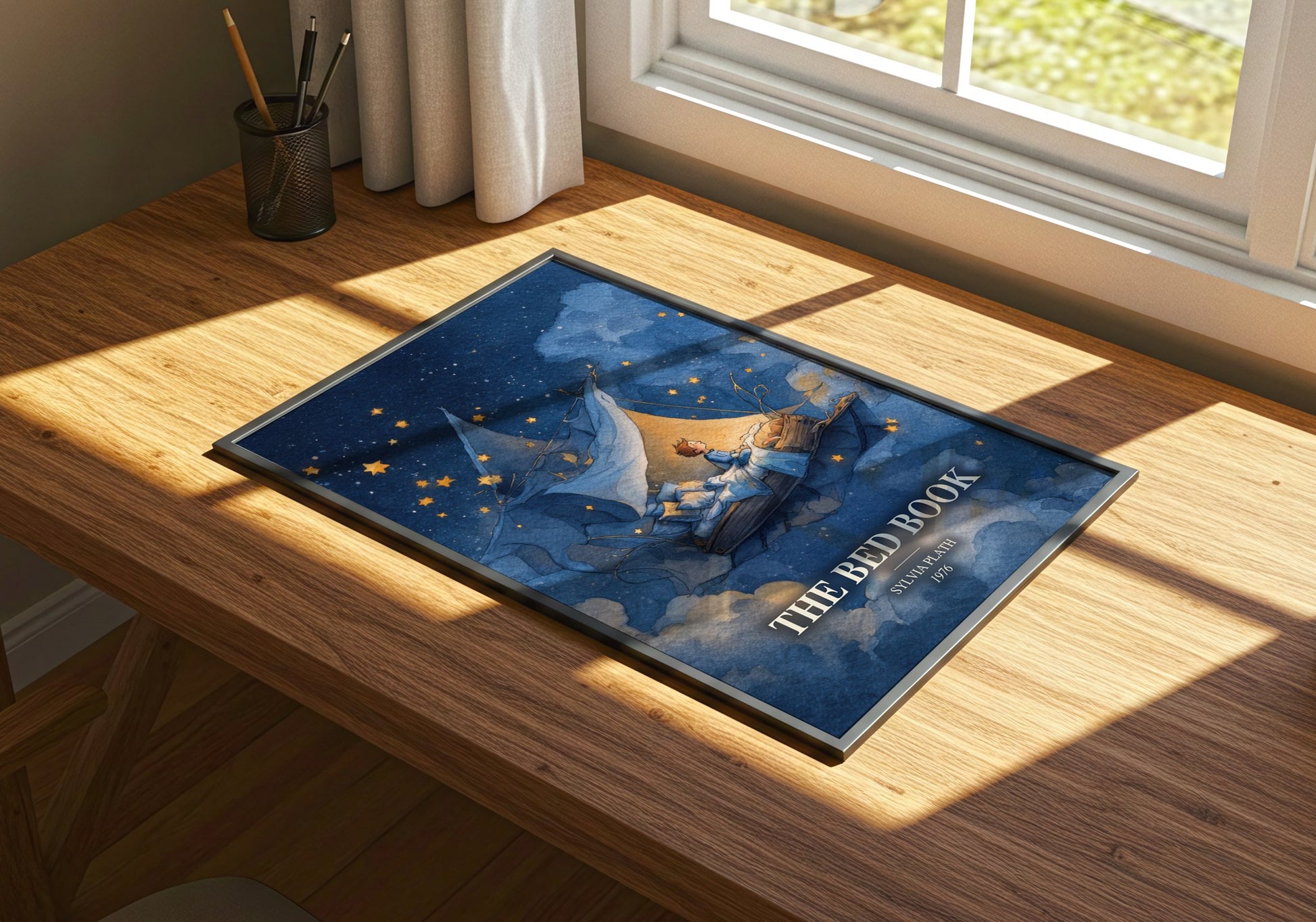 The Bed Book watercolour book poster framed on wall – poetry wall art