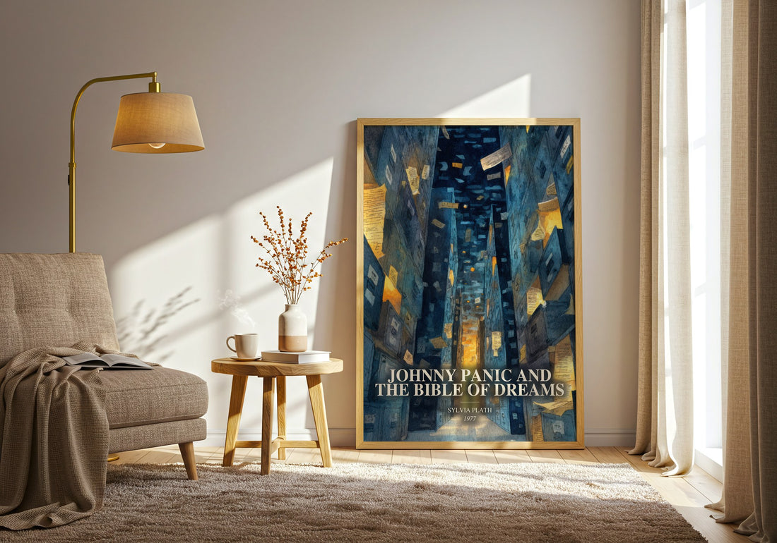 Johnny Panic And The Bible Of Dreams watercolour print in frame leaning in hallway – literary fiction wall art (mockup)