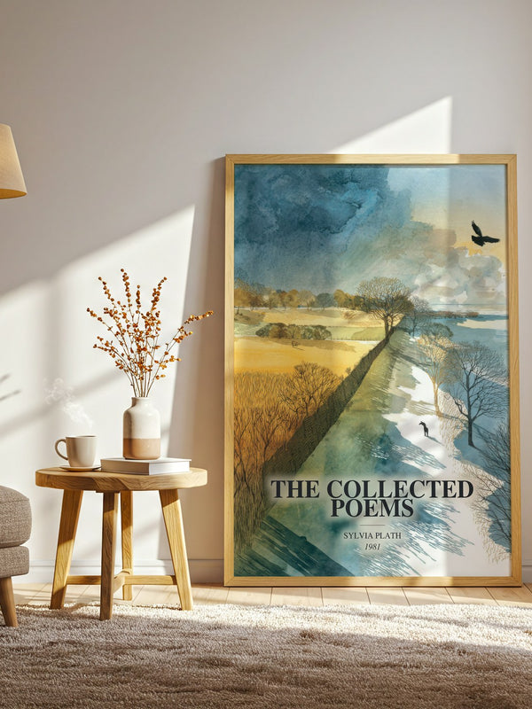 The Collected Poems watercolour print in frame leaning in hallway – poetry wall art