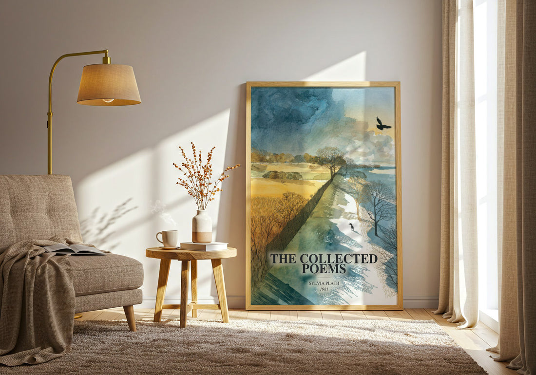 The Collected Poems watercolour print in frame leaning in hallway – poetry wall art (mockup)