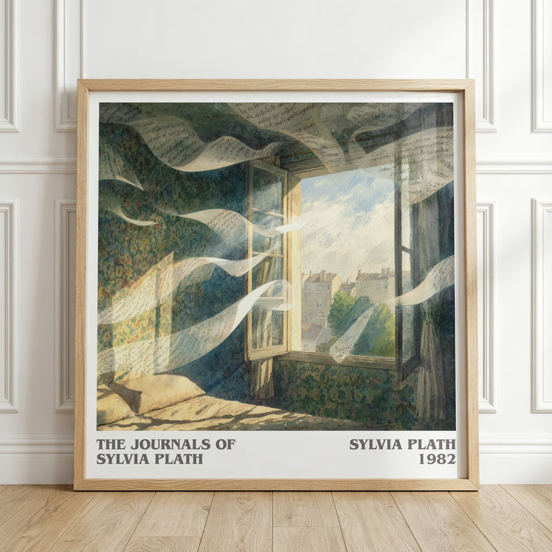 The Journals of Sylvia Plath literary print in frame leaning in hallway – poetry wall art