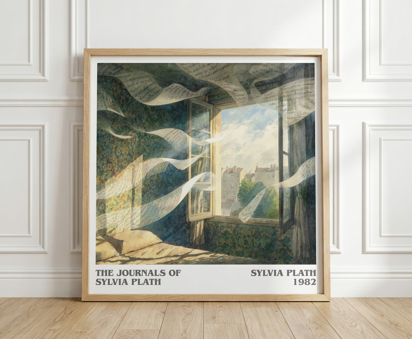 The Journals of Sylvia Plath literary print in frame leaning in hallway – poetry wall art