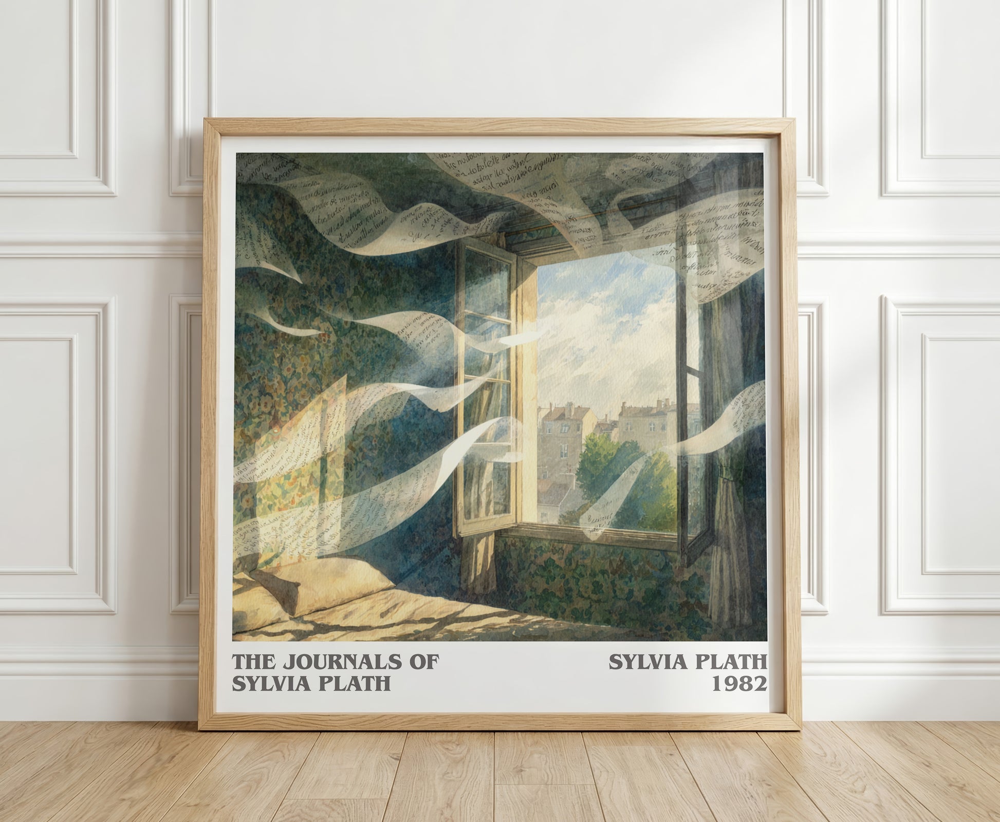 The Journals of Sylvia Plath literary print in frame leaning in hallway – poetry wall art