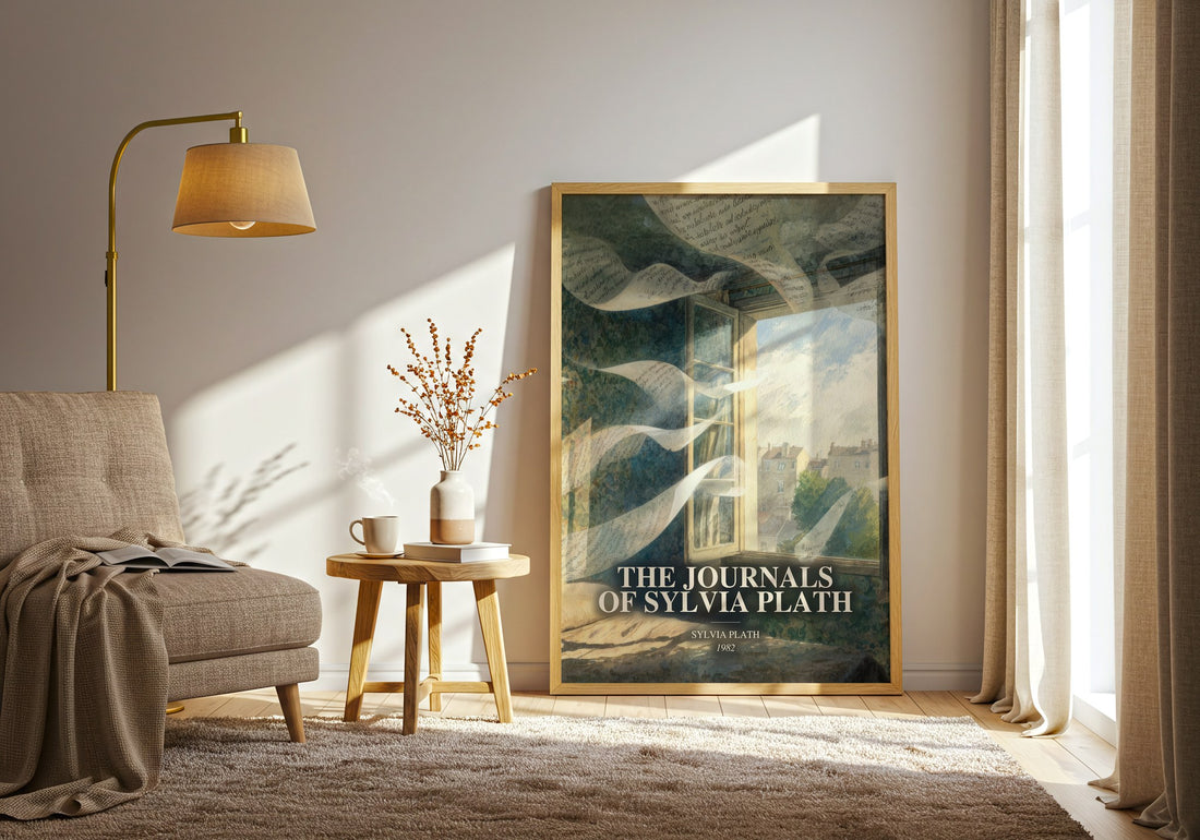 The Journals Of Sylvia Plath watercolour print in frame leaning in hallway – memoir wall art (mockup)
