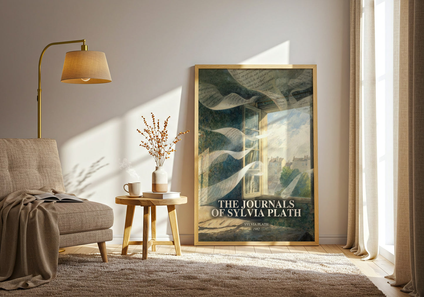The Journals Of Sylvia Plath watercolour print in frame leaning in hallway – memoir wall art