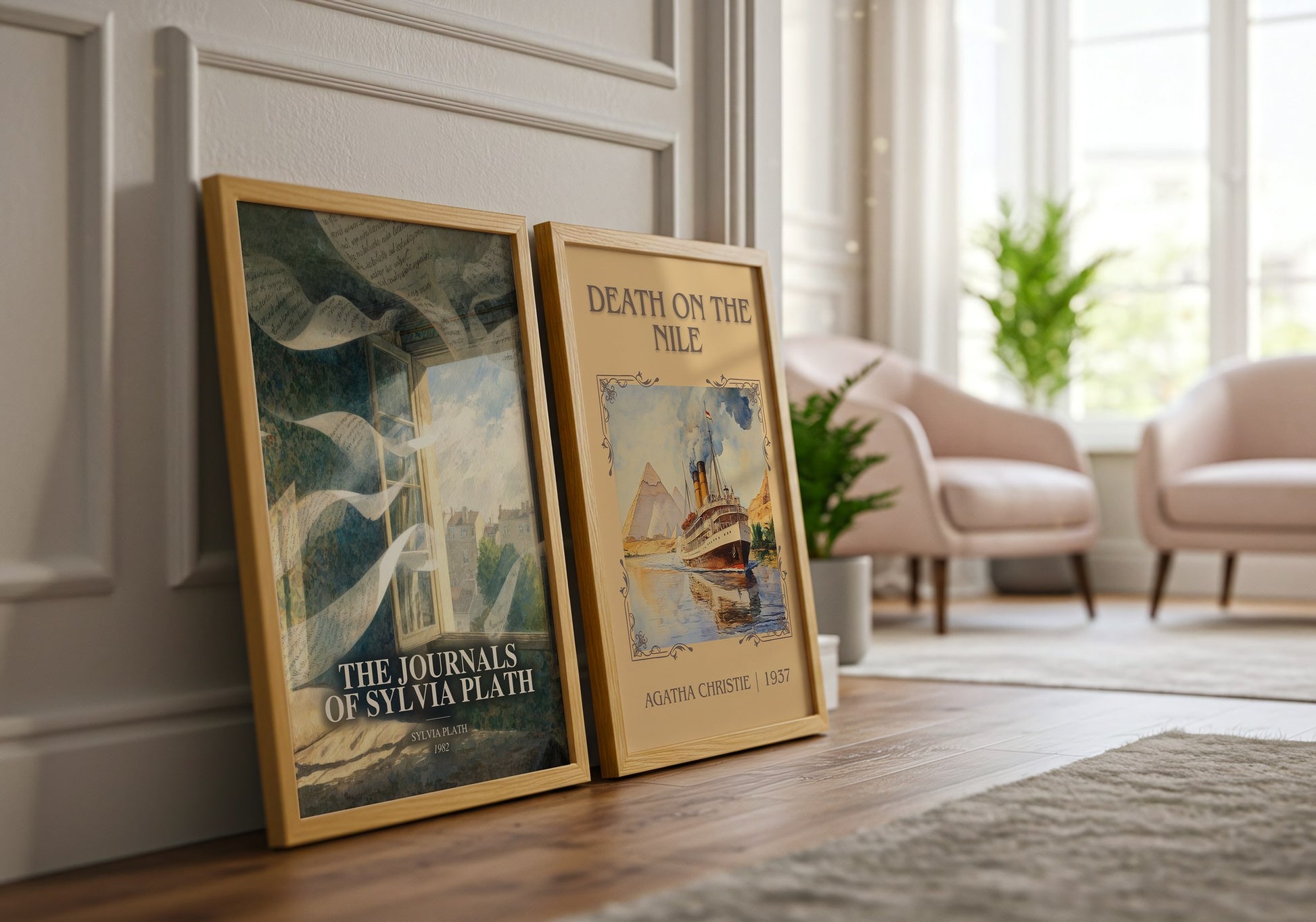 The Journals Of Sylvia Plath watercolour print framed by window – literary home decor