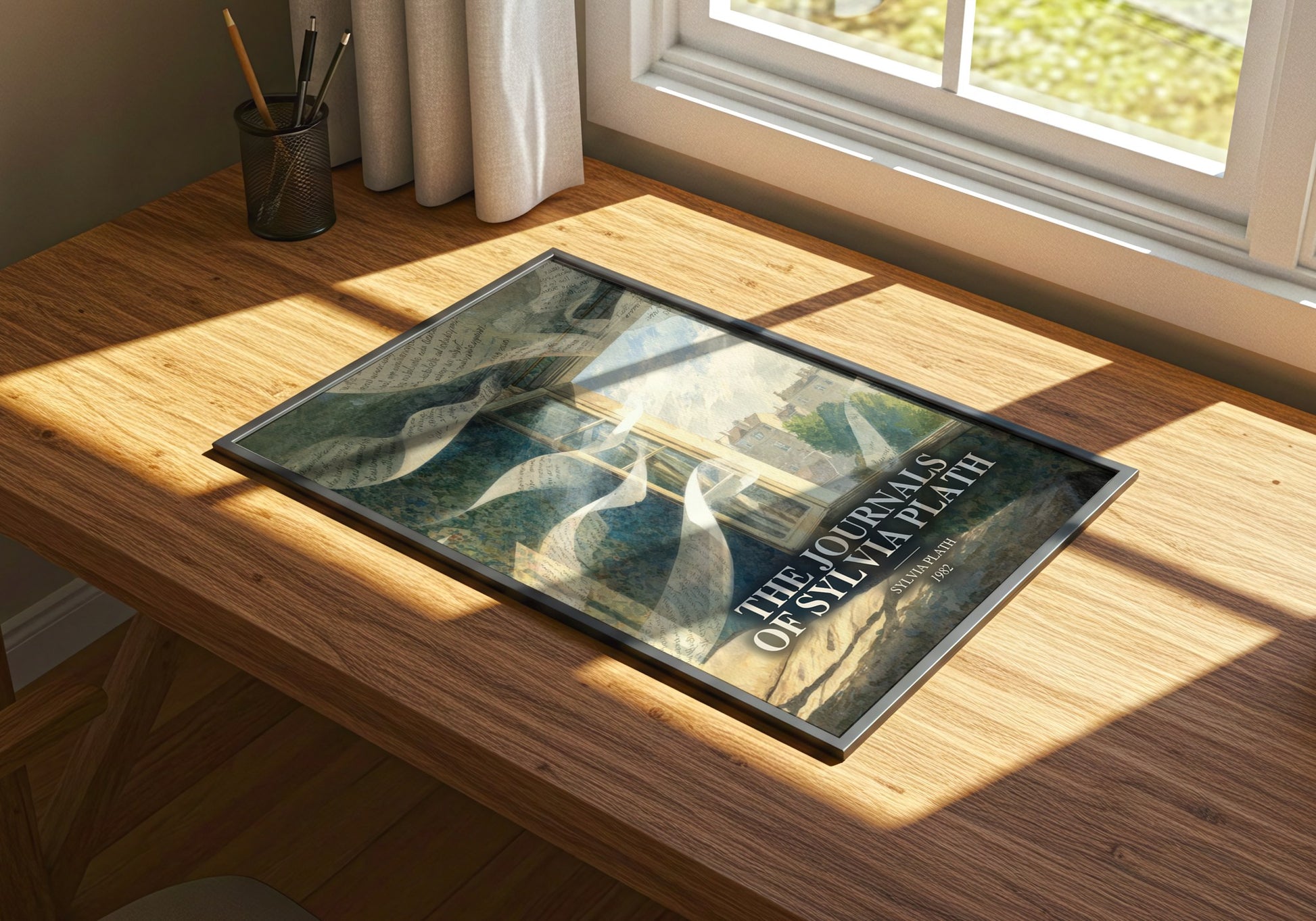 The Journals Of Sylvia Plath watercolour book poster framed on wall – memoir wall art