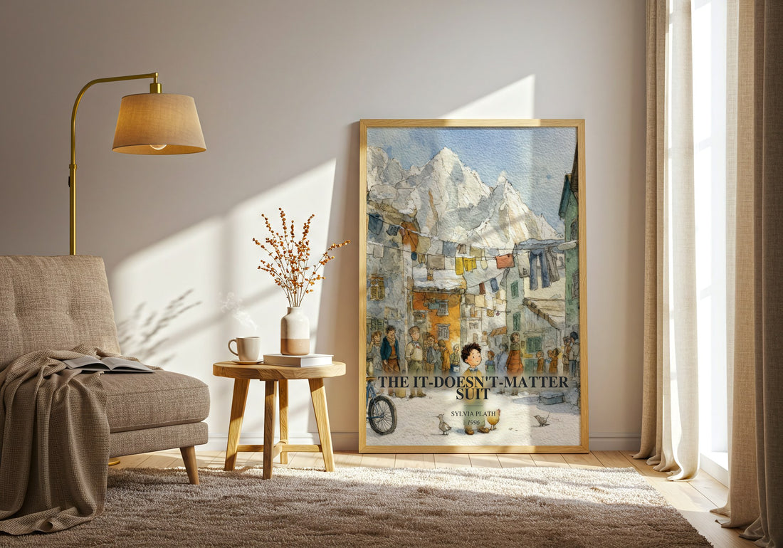 The It-Doesn'T-Matter Suit watercolour print in frame leaning in hallway – poetry wall art (mockup)