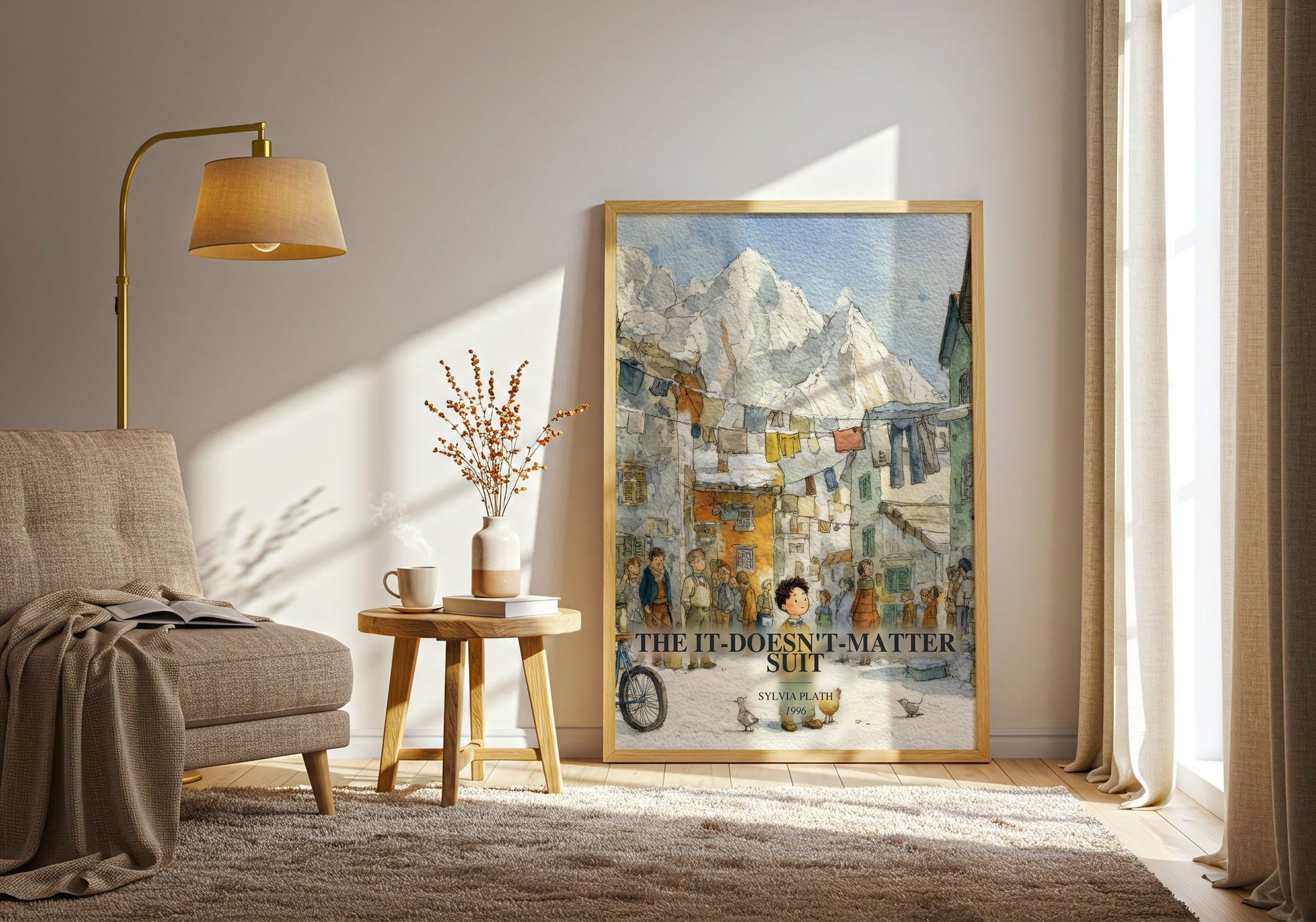 The It-Doesn'T-Matter Suit watercolour print in frame leaning in hallway – poetry wall art