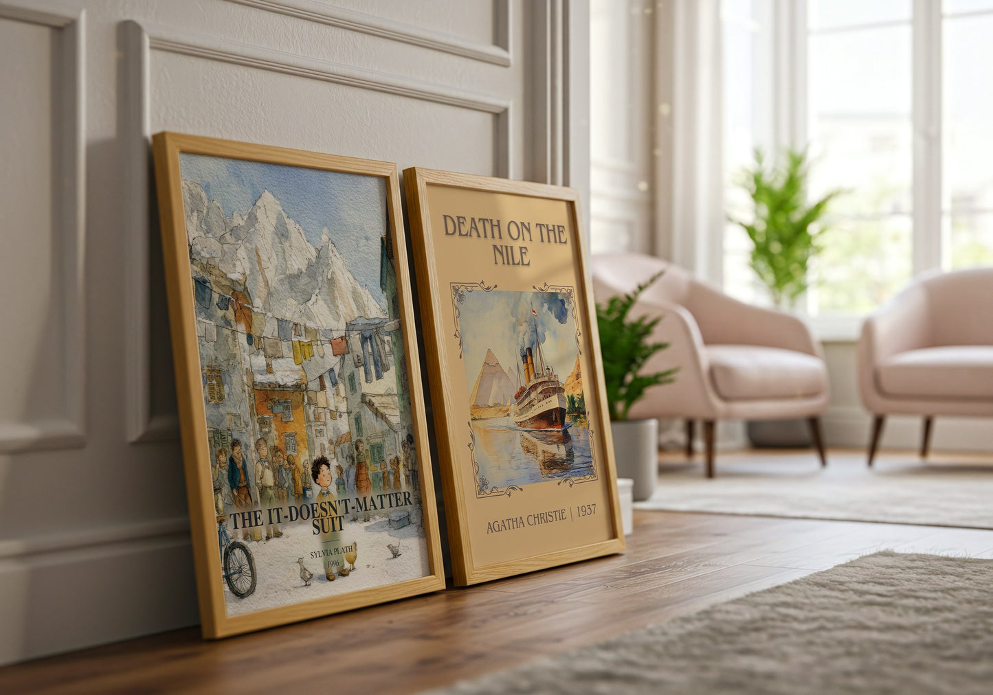 The It-Doesn'T-Matter Suit watercolour print framed by window – literary home decor