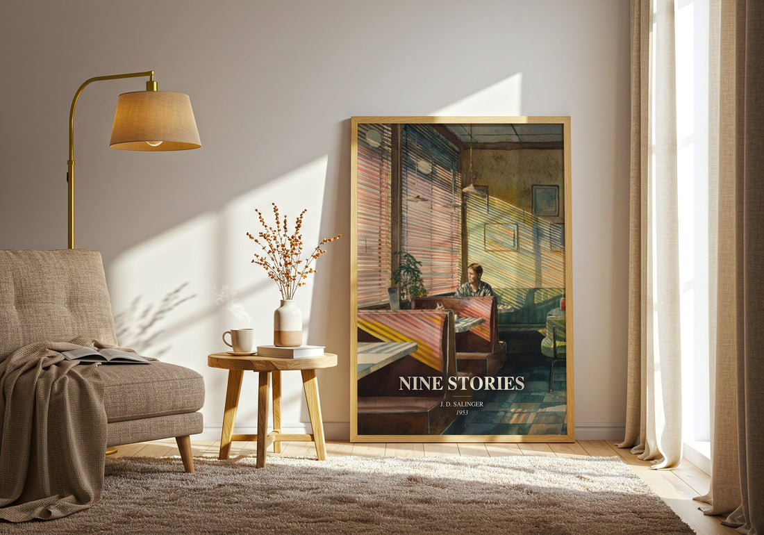 Nine Stories watercolour print in frame leaning in hallway – literary fiction wall art (mockup)