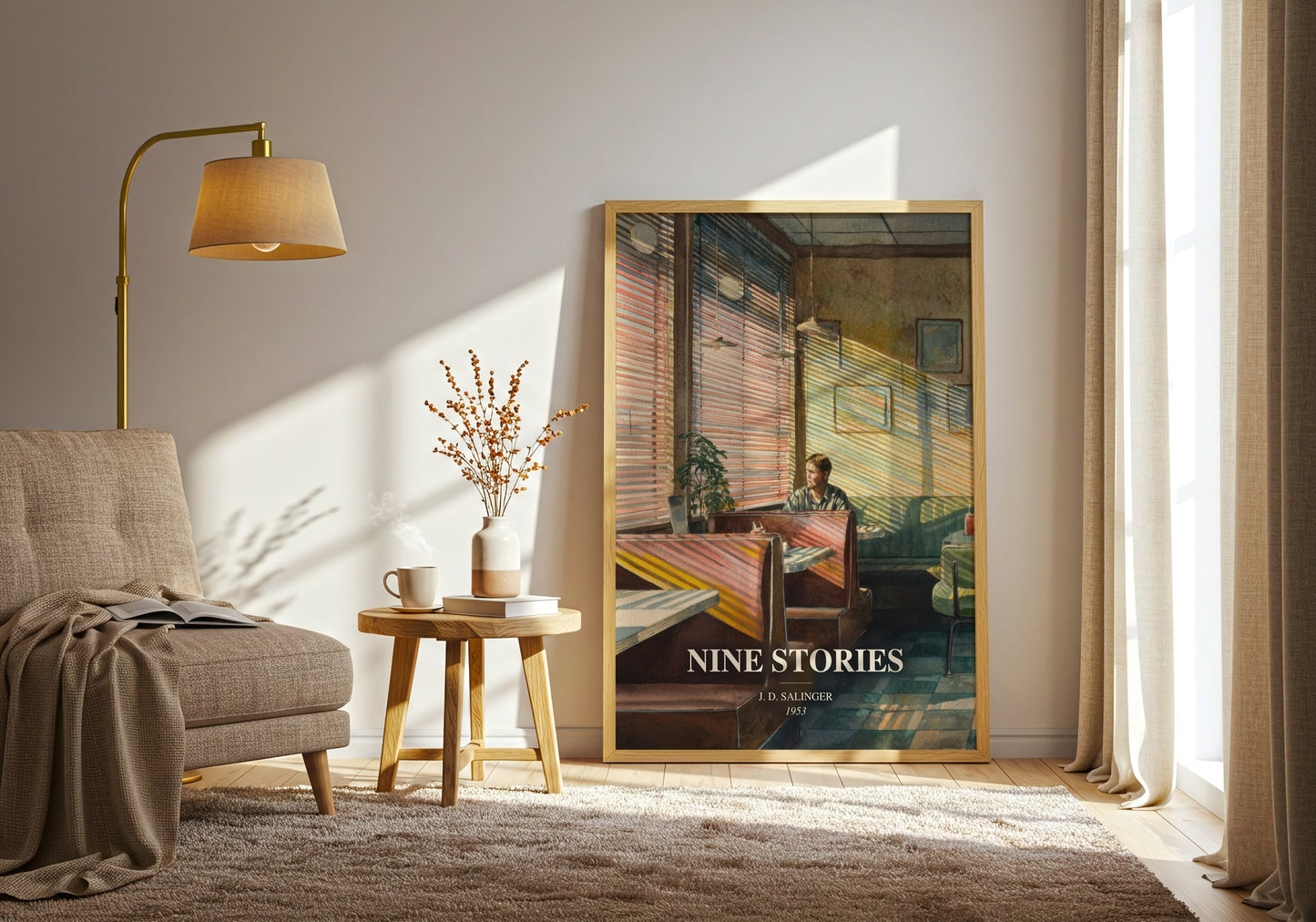 Nine Stories watercolour print in frame leaning in hallway – literary fiction wall art