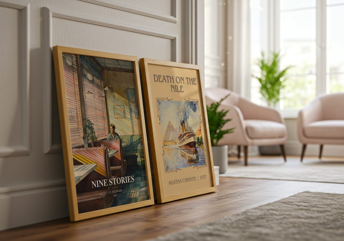 Nine Stories watercolour print framed by window – literary home decor