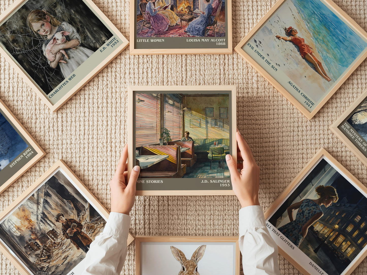 Nine Stories literary print on bookshelf – J. D. Salinger fan gift