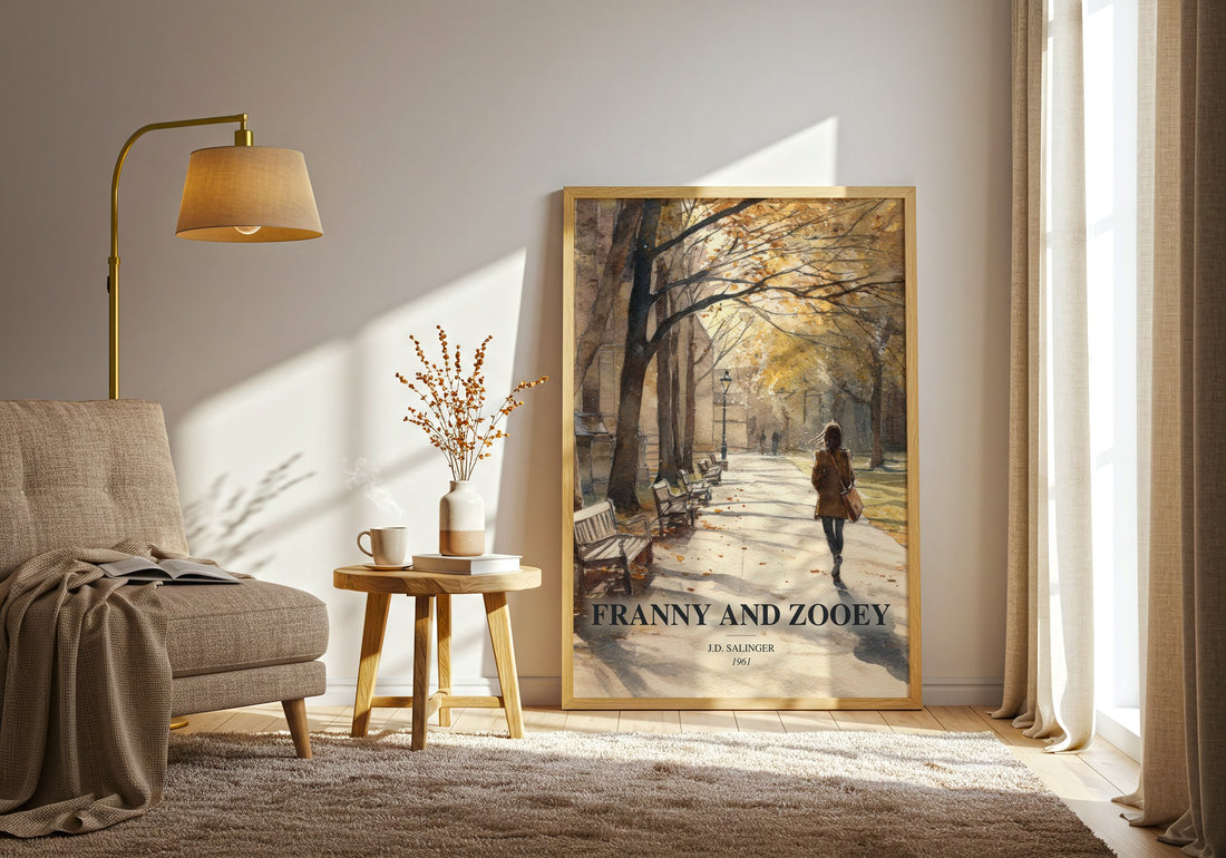 Franny And Zooey watercolour print in frame leaning in hallway – literary fiction wall art (mockup)