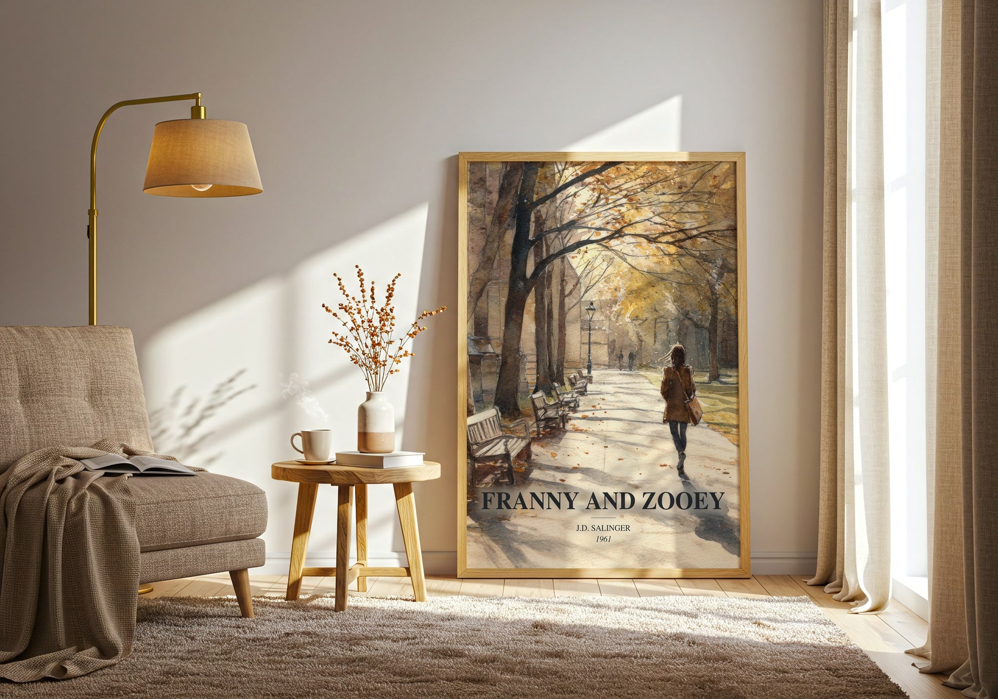 Franny And Zooey watercolour print in frame leaning in hallway – literary fiction wall art