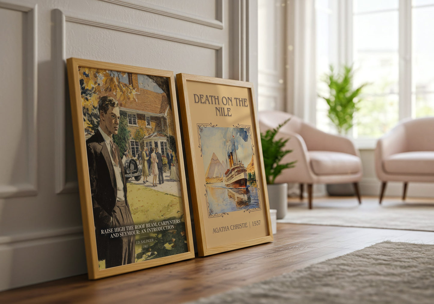 Raise High The Roof Beam, Carpenters And Seymour: An Introduction watercolour print framed by window – literary home decor