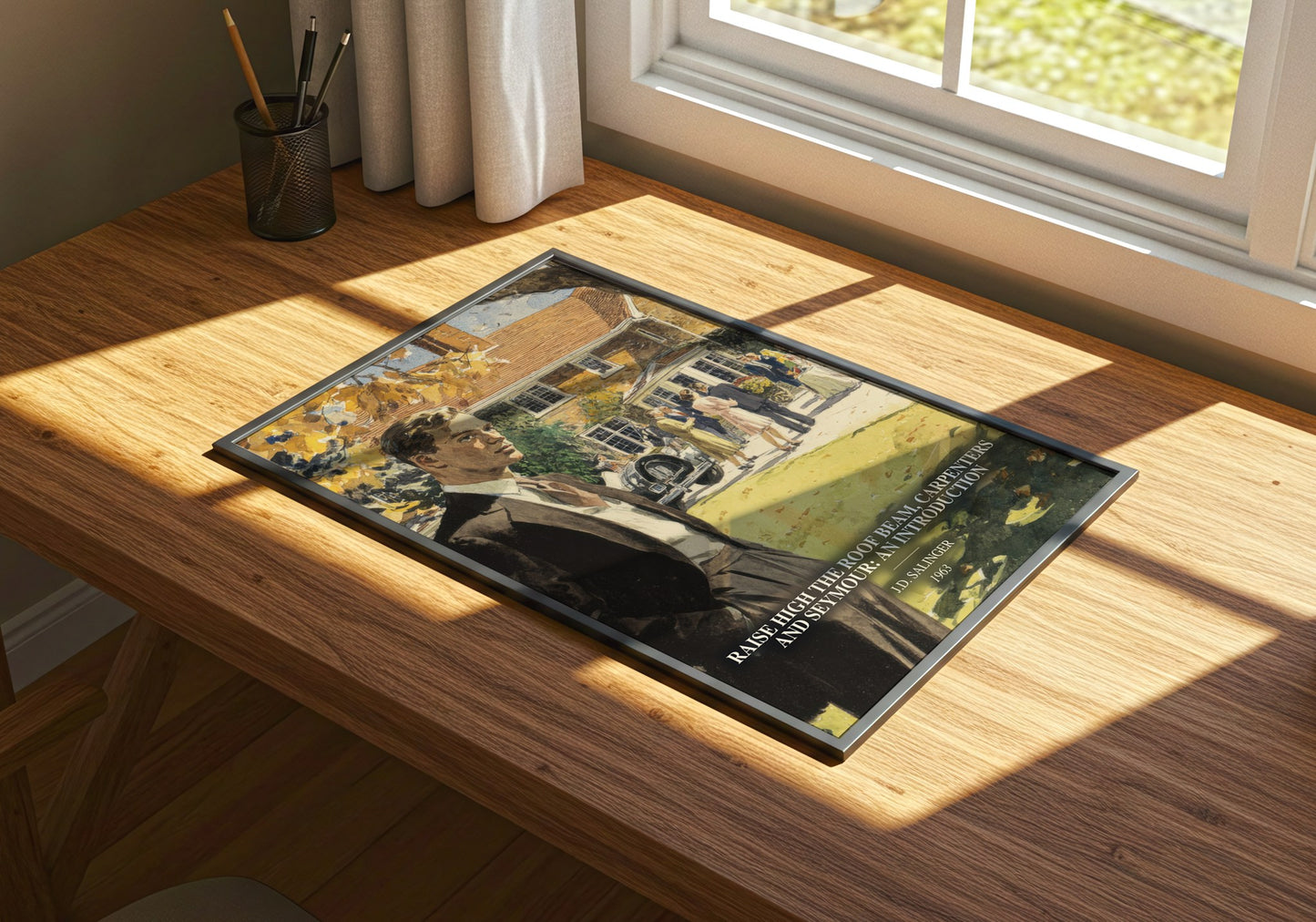 Raise High The Roof Beam, Carpenters And Seymour: An Introduction watercolour book poster framed on wall – literary fiction