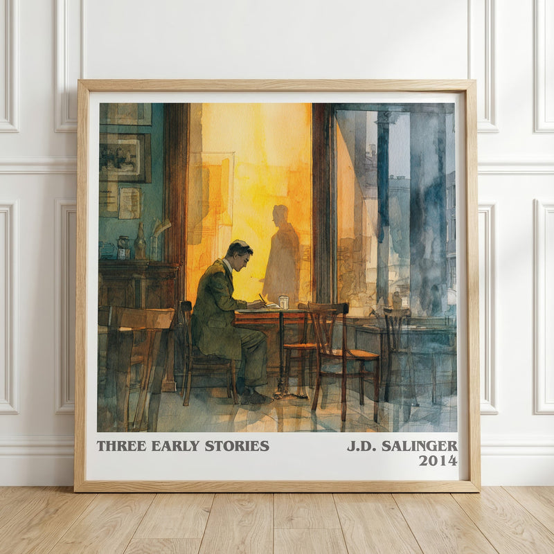 Three Early Stories literary print in frame leaning in hallway – literary fiction wall art