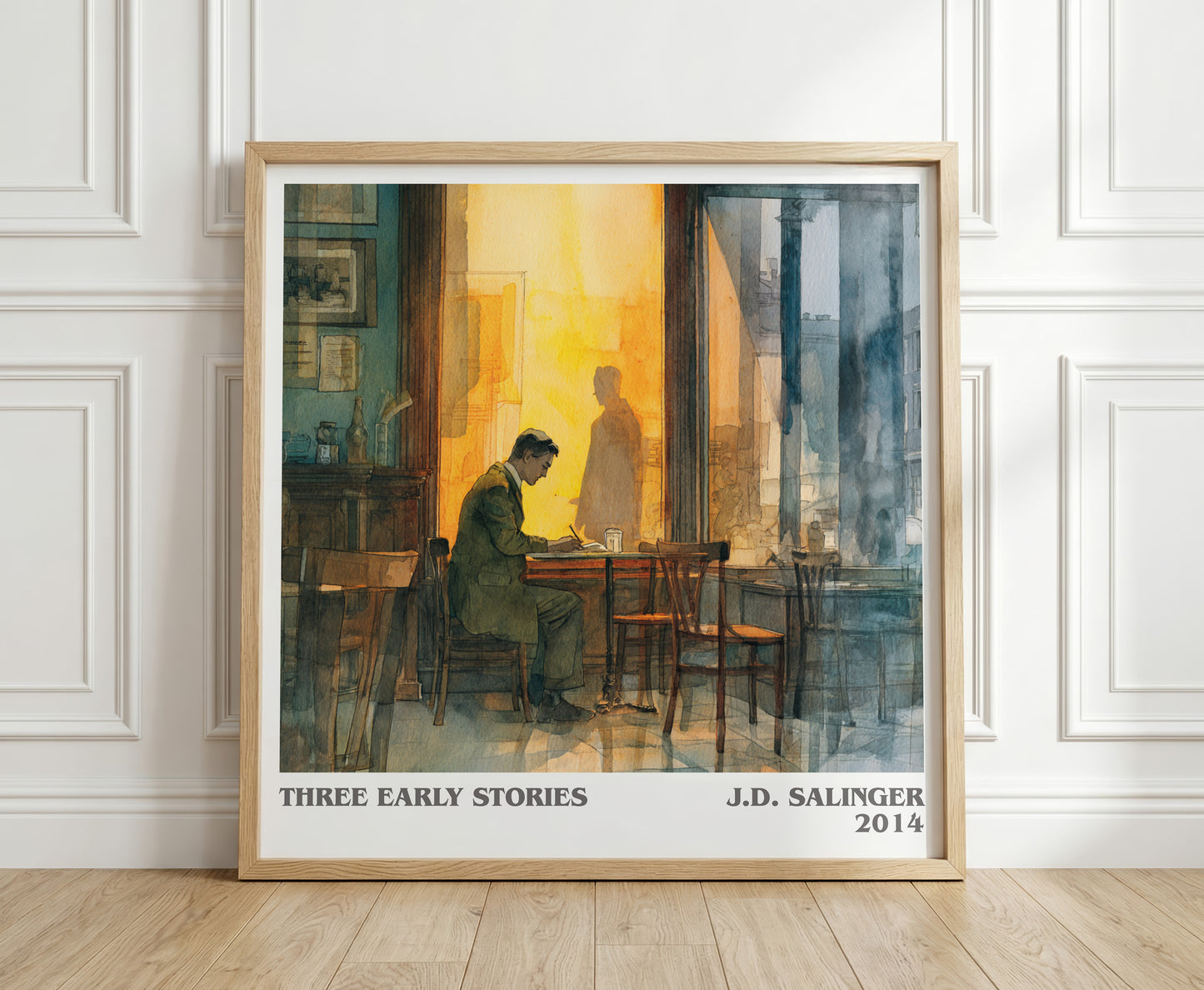 Three Early Stories literary print in frame leaning in hallway – literary fiction wall art