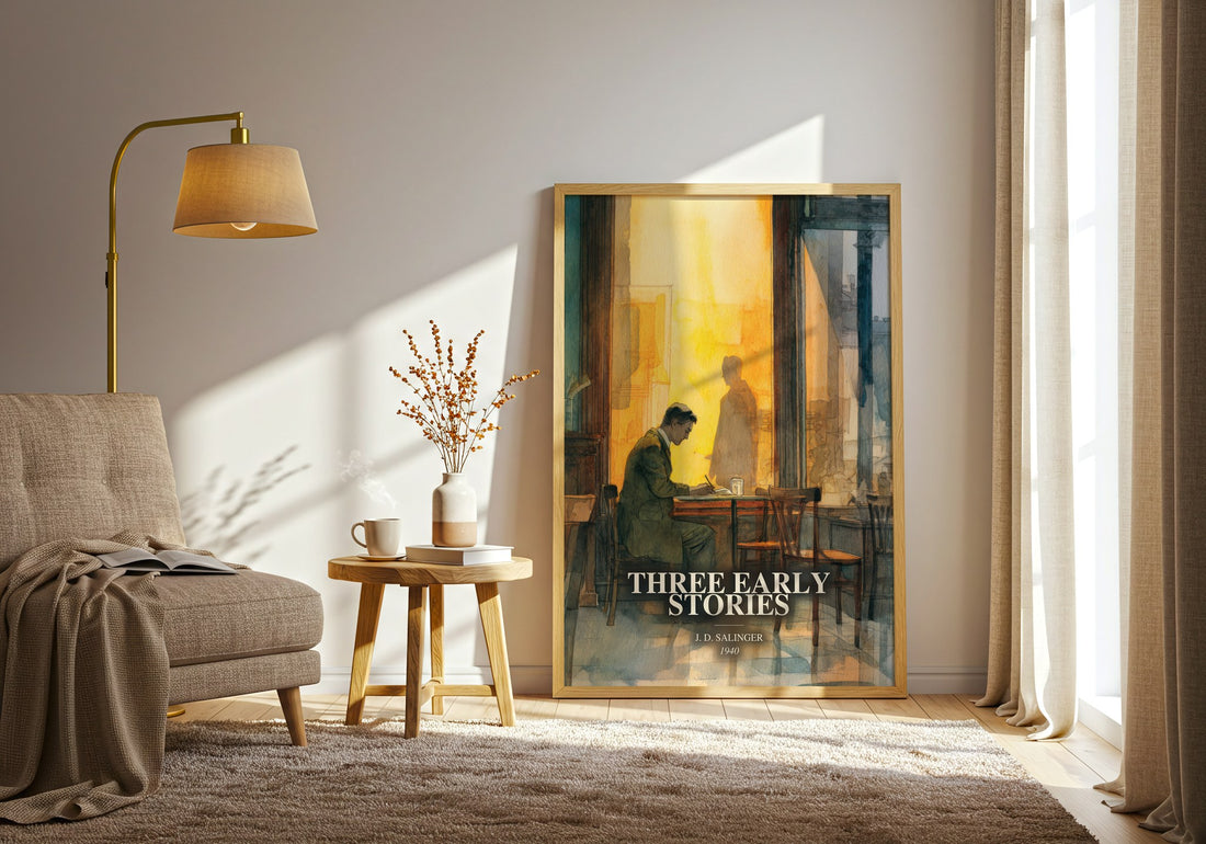 Three Early Stories watercolour print in frame leaning in hallway – literary fiction wall art (mockup)