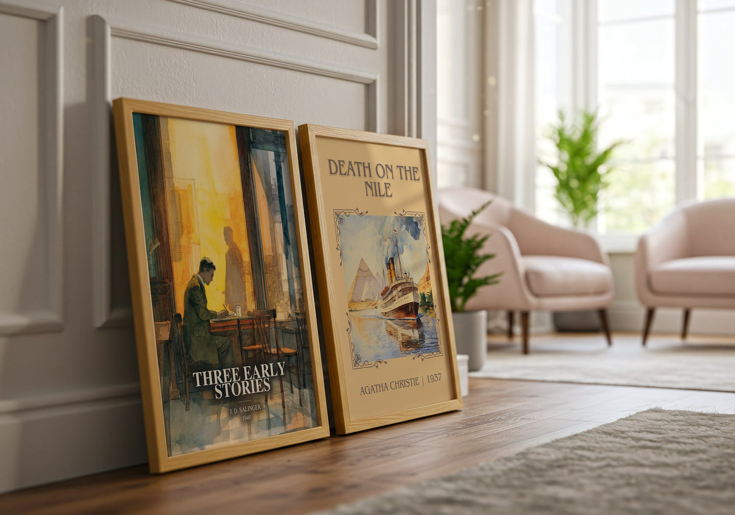 Three Early Stories watercolour print framed by window – literary home decor