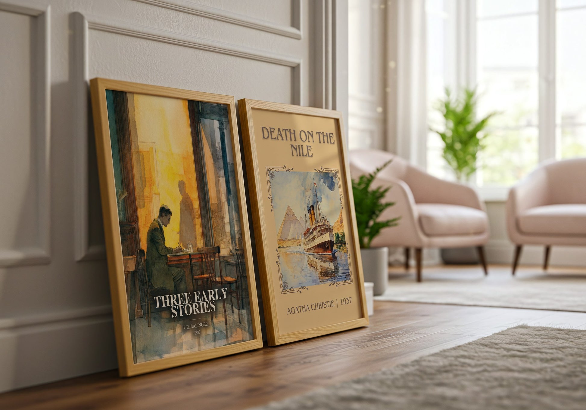 Three Early Stories watercolour print framed by window – literary home decor