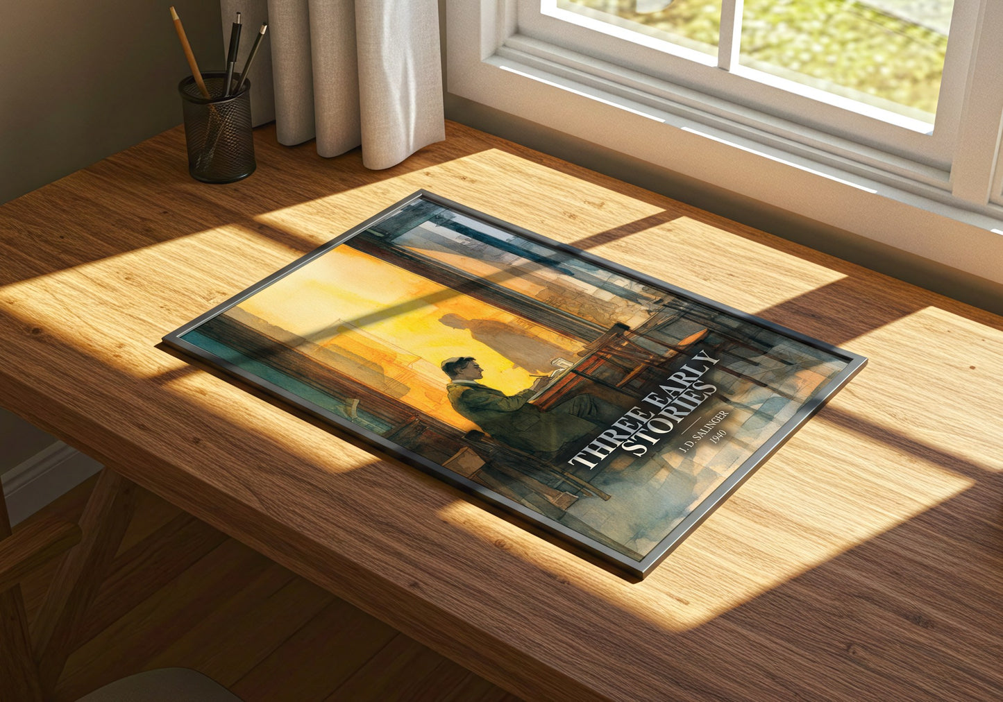 Three Early Stories watercolour book poster framed on wall – literary fiction wall art