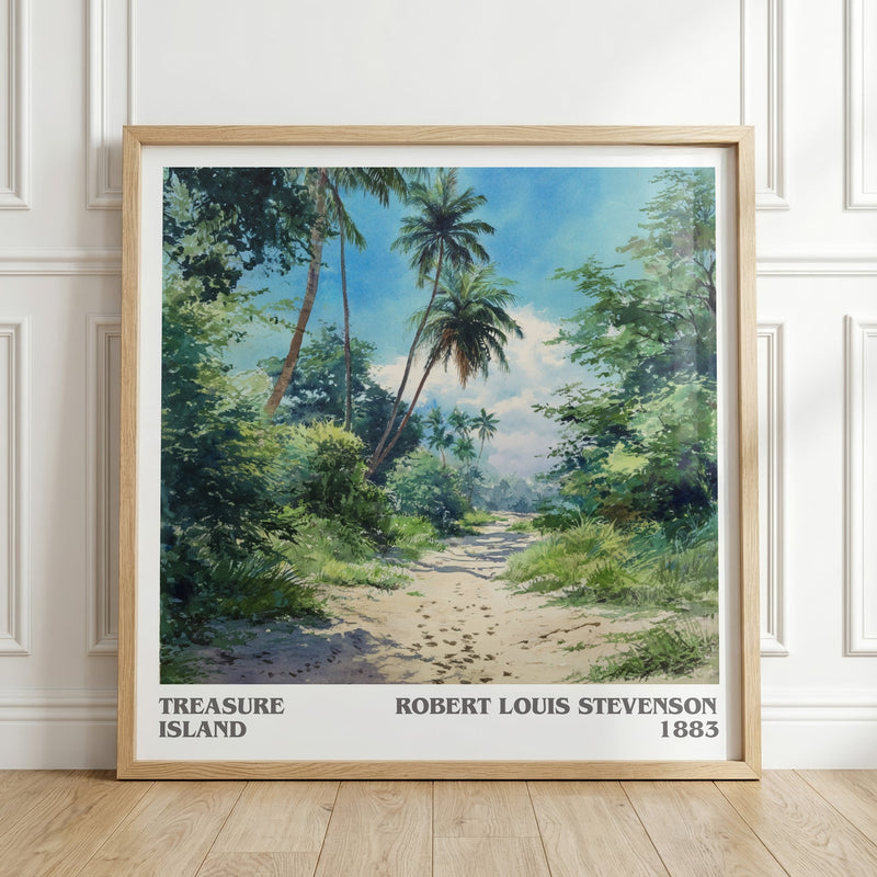 Treasure Island literary print in frame leaning in hallway – classic literature wall art