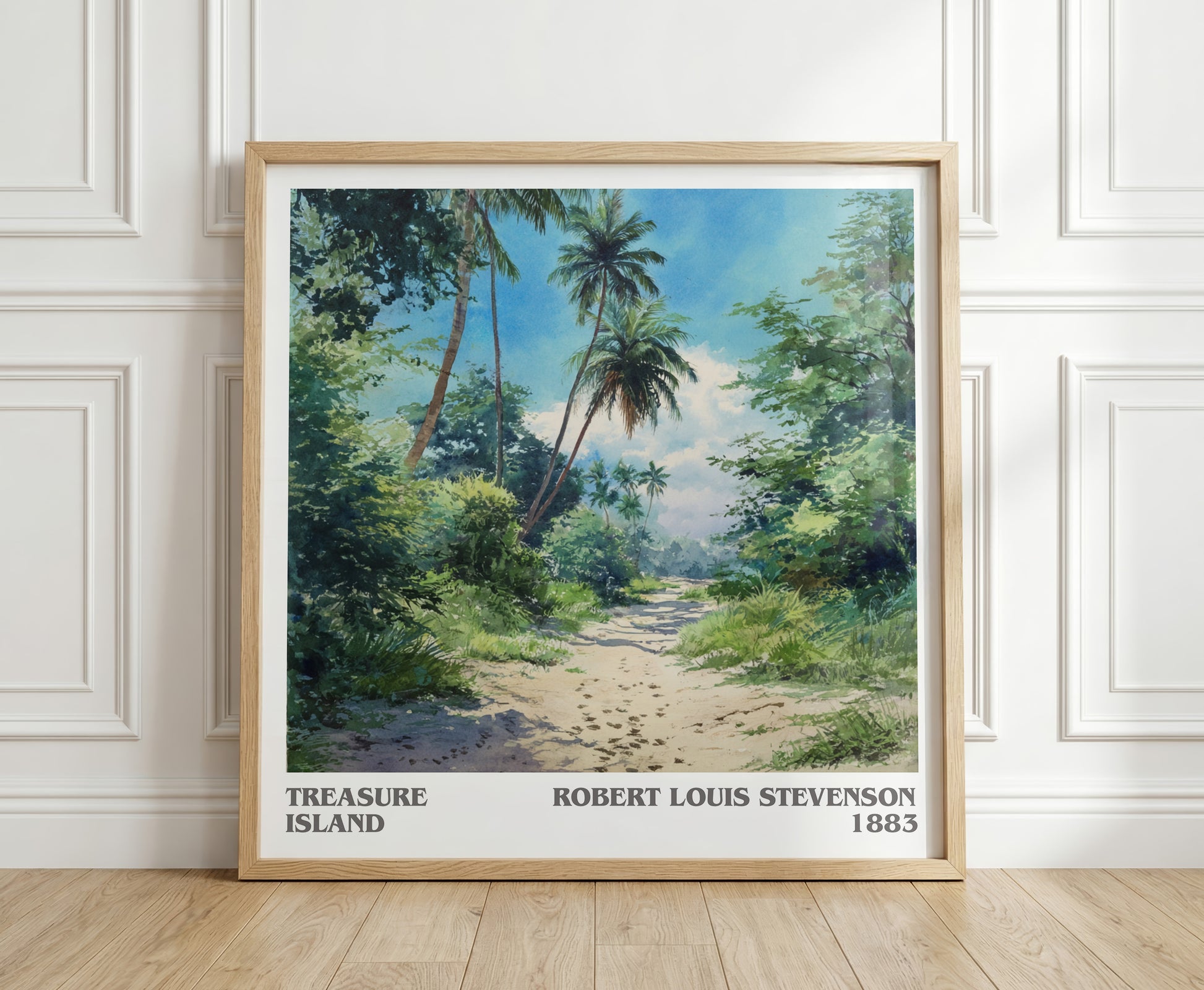 Treasure Island literary print in frame leaning in hallway – classic literature wall art
