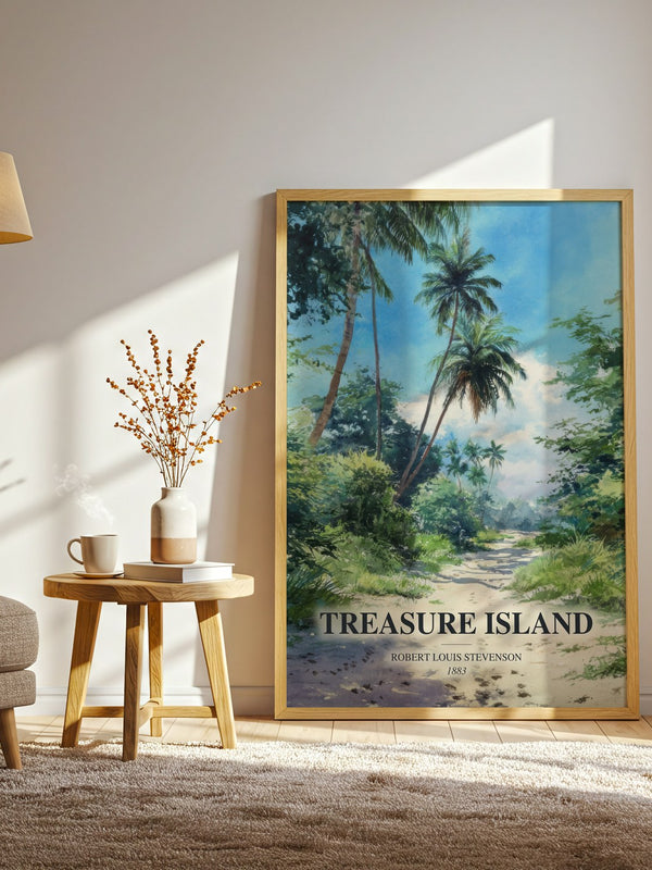 Treasure Island watercolour print in frame leaning in hallway – adventure wall art