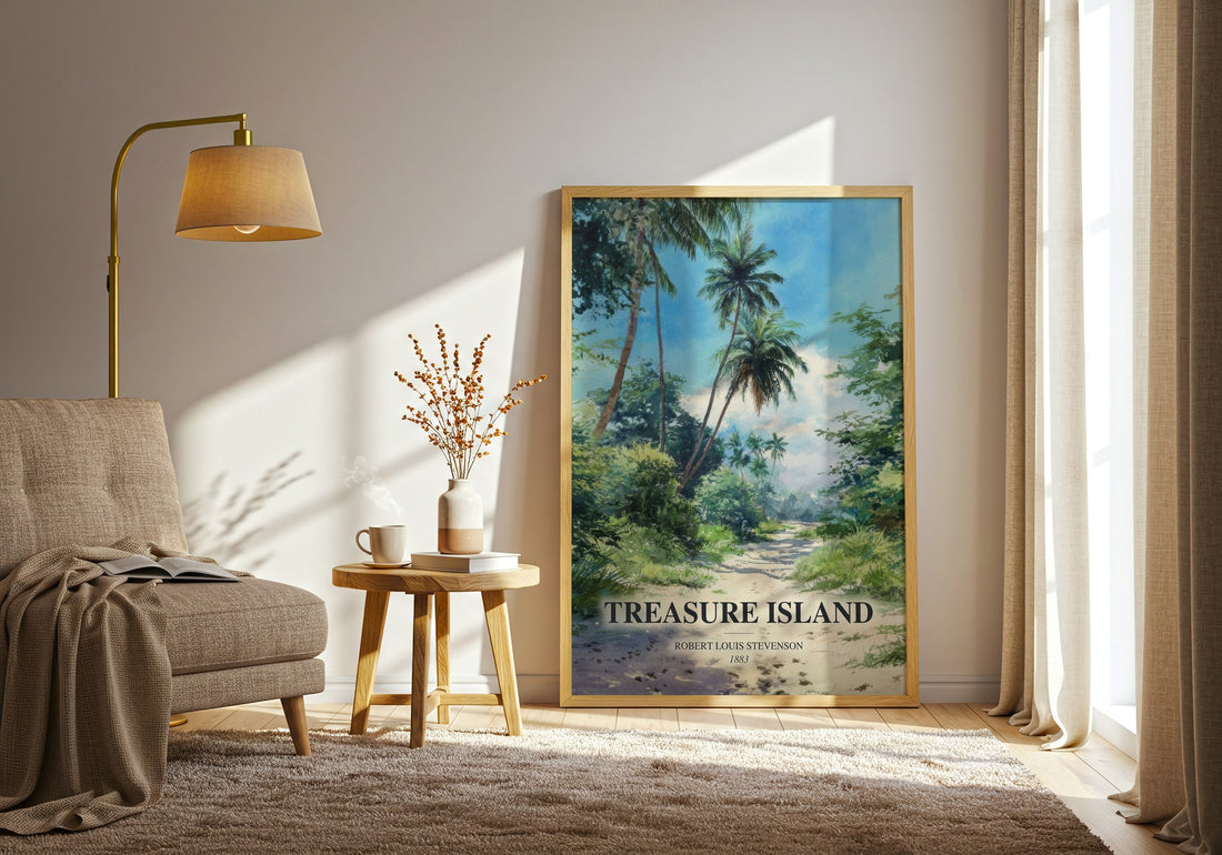 Treasure Island watercolour print in frame leaning in hallway – adventure wall art (mockup)